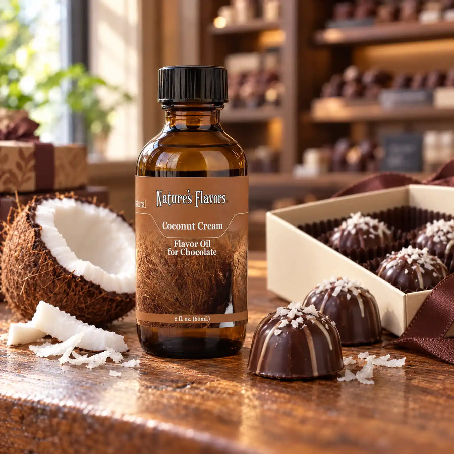 Nature's Flavors Coconut Cream Flavor Oil for Chocolate bottle on a wooden chocolate-shop counter beside a coconut half and coconut flakes and a gift box of chocolates.