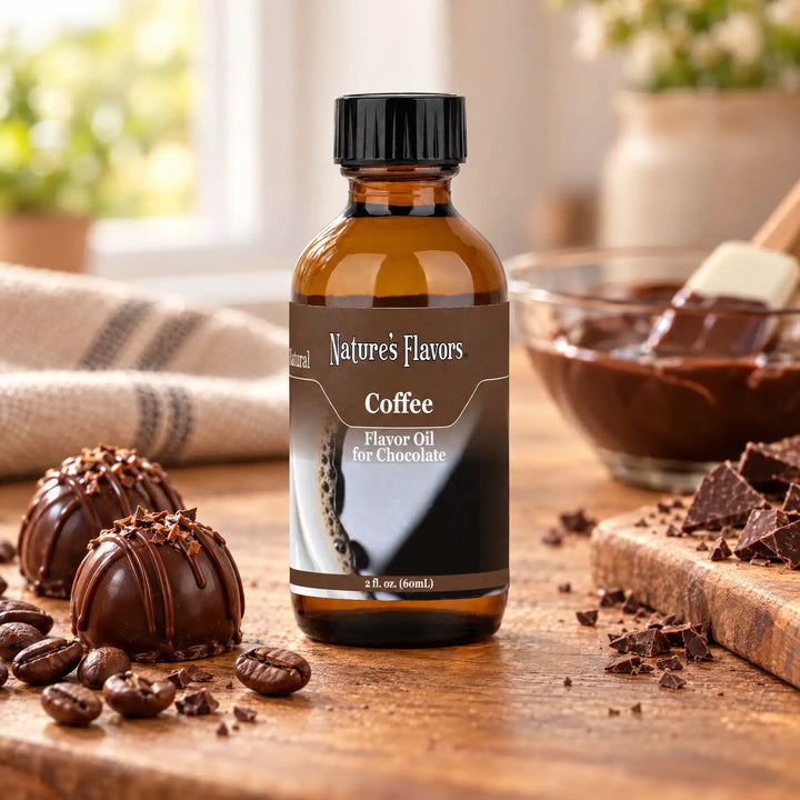Nature's Flavors Coffee Flavor Oil for Chocolate bottle on a wooden counter beside chocolate truffles, roasted coffee beans, and chopped chocolate.