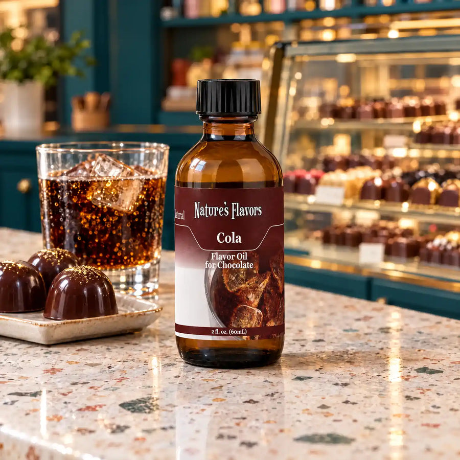 Nature's Flavors Cola Flavor Oil for Chocolate, 2-ounce bottle, with cola and dark chocolate bonbons in a chocolate shop.