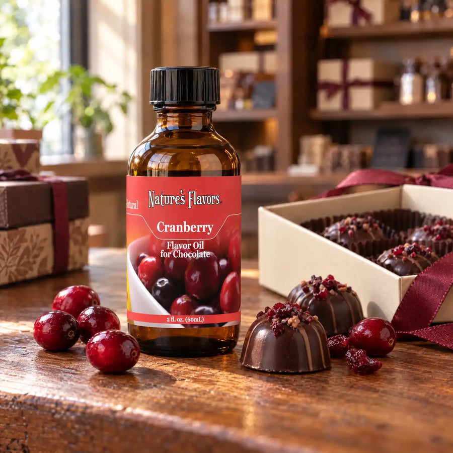 Nature's Flavors Cranberry Flavor Oil for Chocolate bottle on a wooden chocolate-shop counter beside red cranberries and a gift box of chocolates.