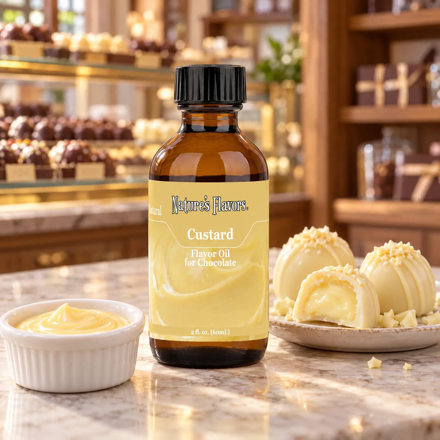 Nature's Flavors Custard Flavor Oil for Chocolate bottle beside a dish of custard and filled white chocolate truffles on a boutique counter.