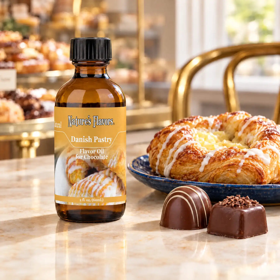 Nature's Flavors Danish Pastry Flavor Oil for Chocolate, 2-ounce bottle, with a Danish pastry and chocolate bonbons at a patisserie.