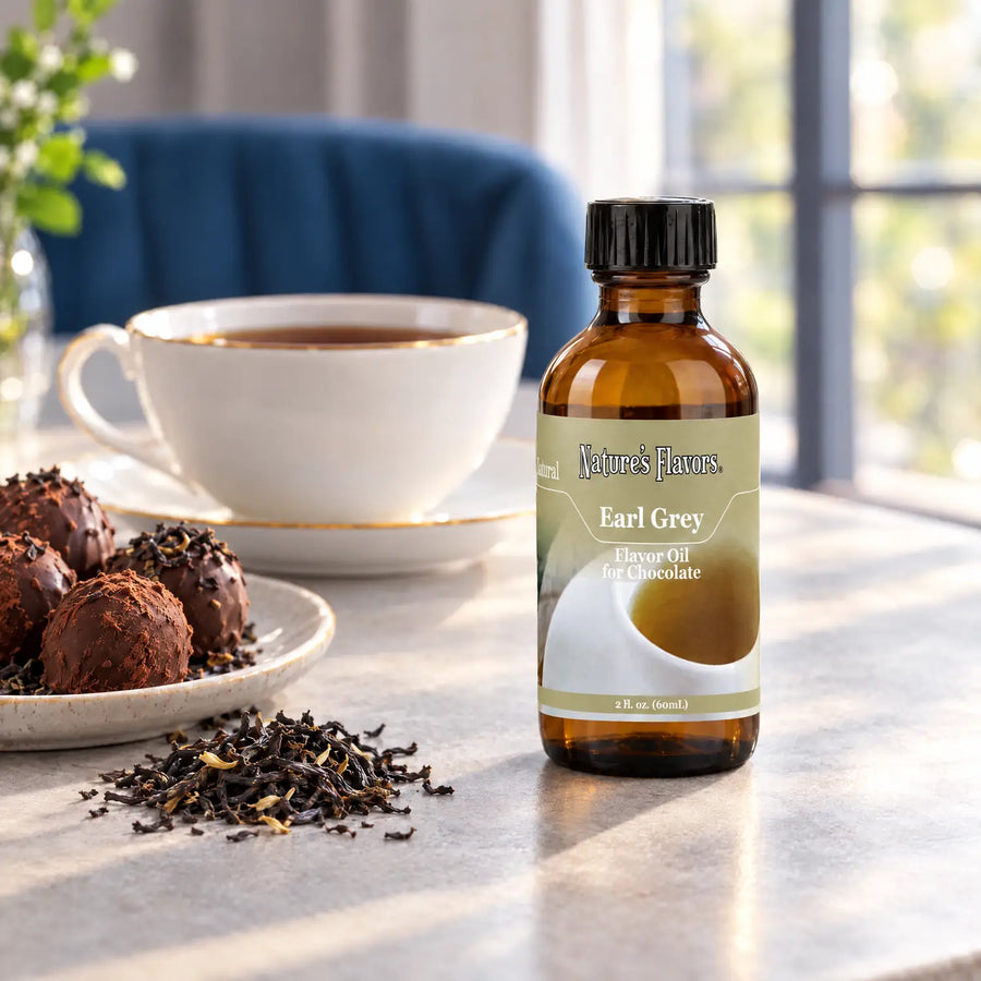 Nature's Flavors Earl Grey Flavor Oil for Chocolate, 2-ounce bottle, with tea and chocolate truffles on a cafe table.