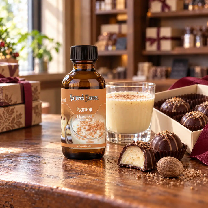 Nature's Flavors Eggnog Flavor Oil for Chocolate bottle on a wooden chocolate-shop counter beside eggnog and nutmeg and a gift box of chocolates.