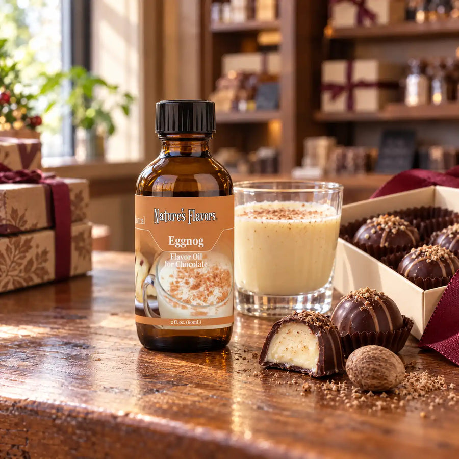 Nature's Flavors Eggnog Flavor Oil for Chocolate bottle on a wooden chocolate-shop counter beside eggnog and nutmeg and a gift box of chocolates.