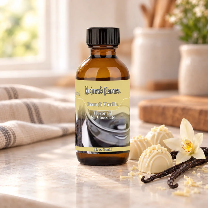 Nature's Flavors French Vanilla Flavor Oil for Chocolate bottle on a light countertop beside white chocolate candies, vanilla beans, and a flower.