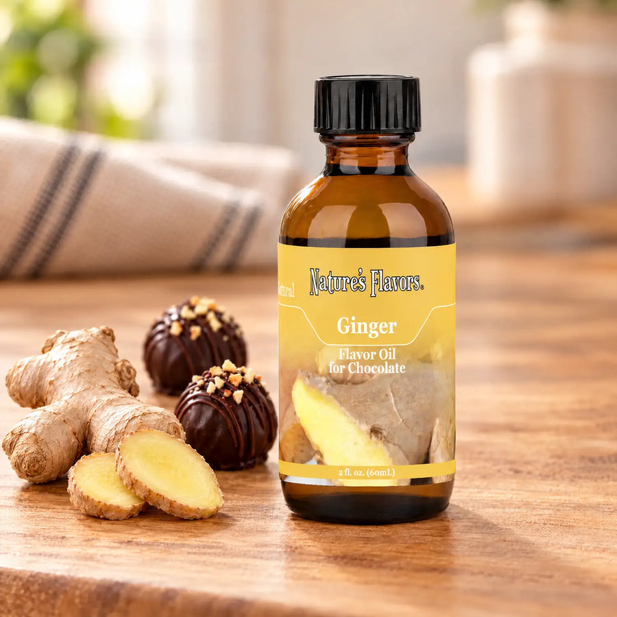 Nature's Flavors Ginger Flavor Oil for Chocolate bottle on a wooden surface beside fresh ginger root, two ginger slices, and chocolate truffles.