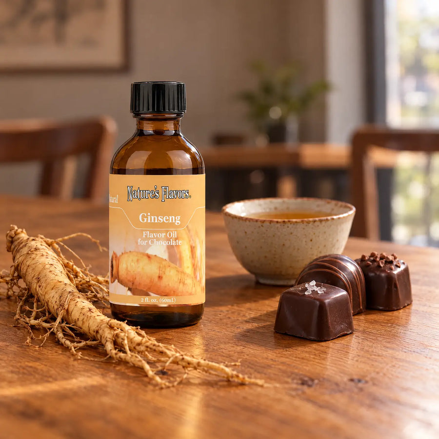Nature's Flavors Ginseng Flavor Oil for Chocolate, 2-ounce bottle, with ginseng root, tea and chocolate bonbons on a cafe table.