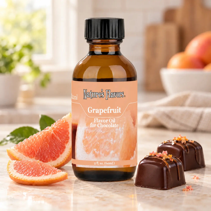 Nature's Flavors Grapefruit Flavor Oil for Chocolate bottle beside pink grapefruit wedges and dark chocolate bonbons on a light countertop.