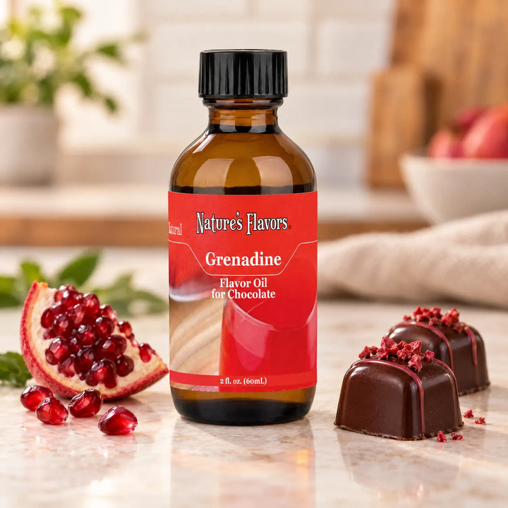 Nature's Flavors Grenadine Flavor Oil for Chocolate bottle beside a pomegranate wedge, scattered arils, and dark chocolate bonbons.