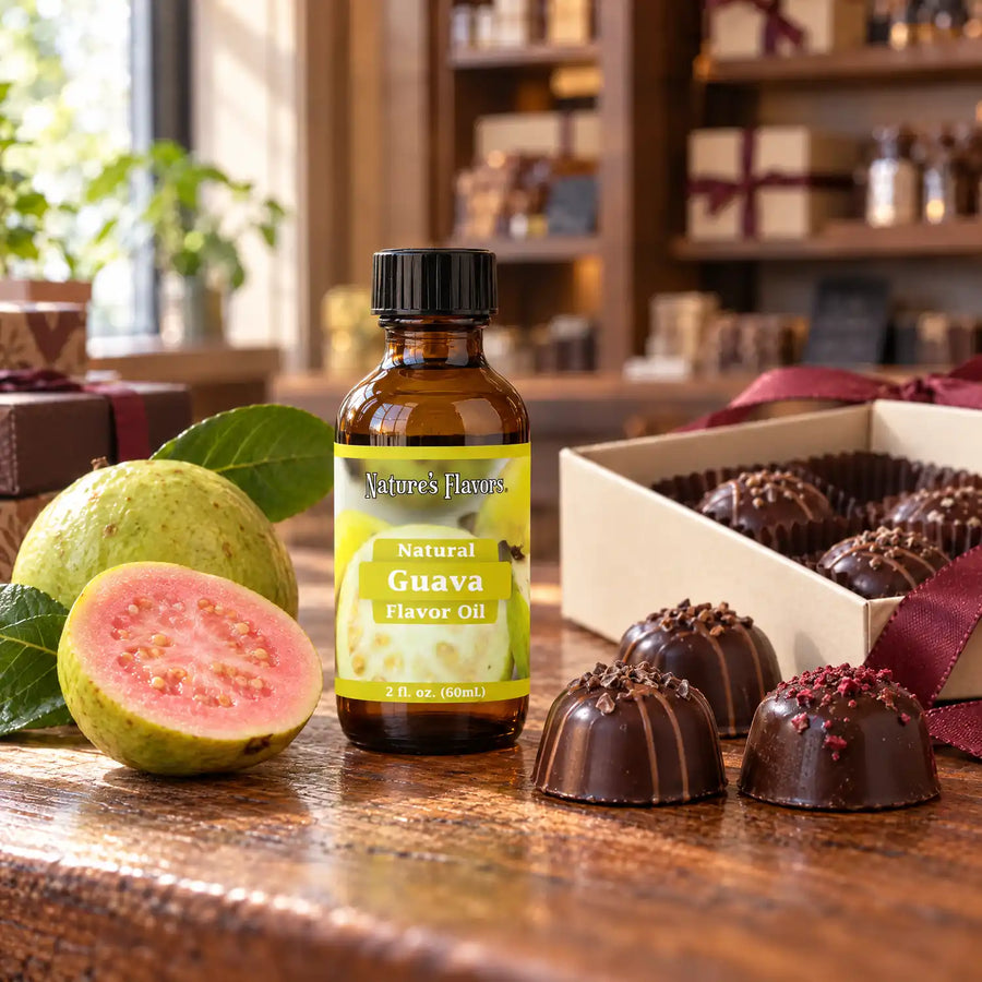 Nature's Flavors Natural Guava Flavor Oil bottle on a wooden chocolate-shop counter beside whole and halved guava and a gift box of chocolates.