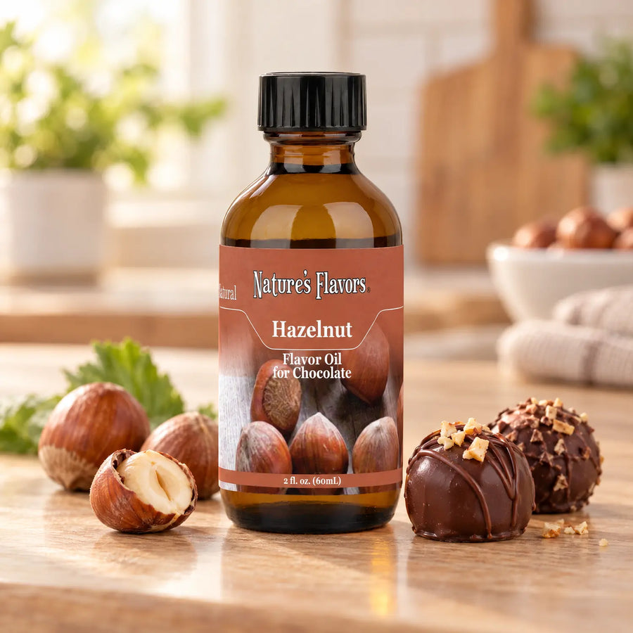 Nature's Flavors Hazelnut Flavor Oil for Chocolate bottle beside hazelnuts and nut-topped chocolate truffles on a wooden countertop.