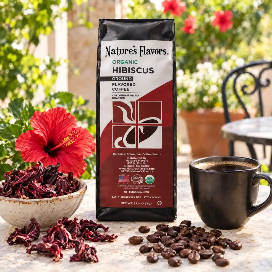 Nature's Flavors Organic Hibiscus Flavored Coffee Beans, 1 lb. Ground, in a bright coffee lifestyle scene.