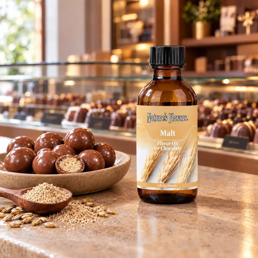 Nature's Flavors Malt Flavor Oil for Chocolate, 2-ounce bottle, with chocolate malt balls, malt powder and barley in a chocolate shop.