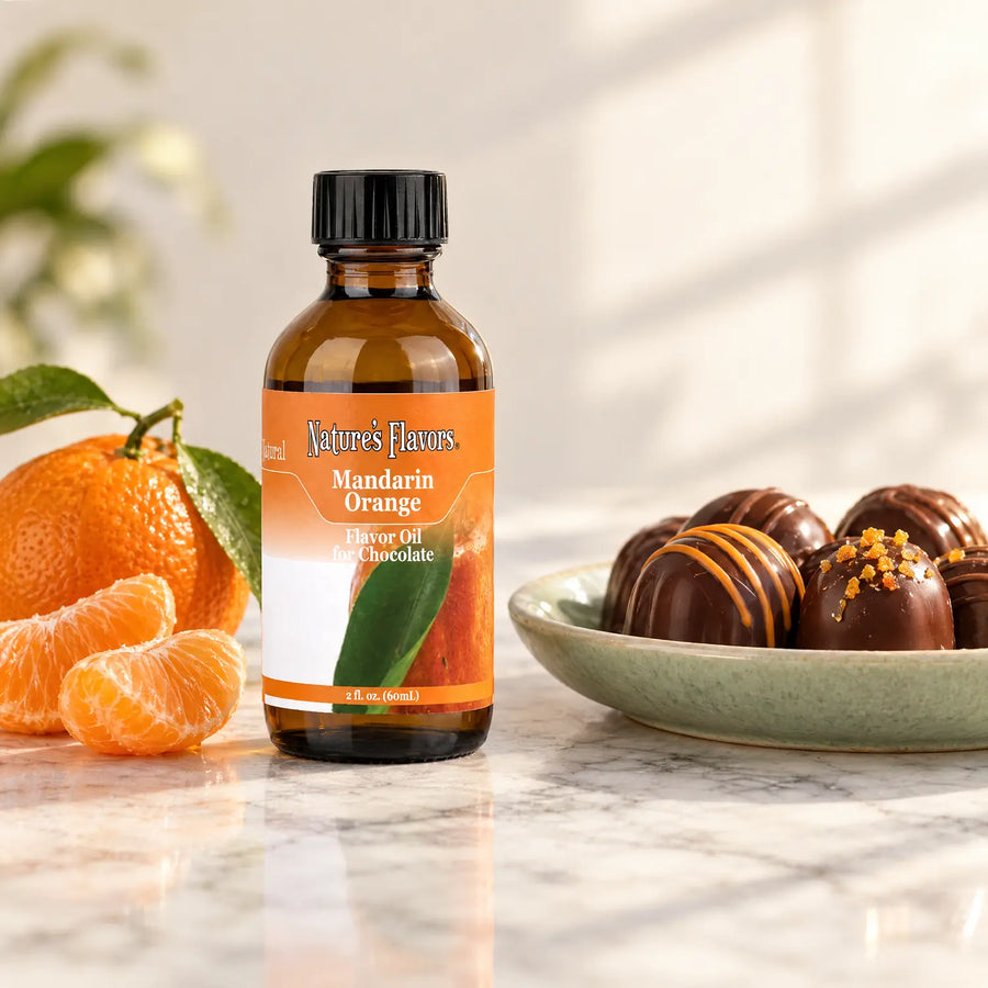 Nature's Flavors Mandarin Orange Flavor Oil for Chocolate, 2-ounce bottle, with mandarin orange segments and chocolate bonbons on marble.