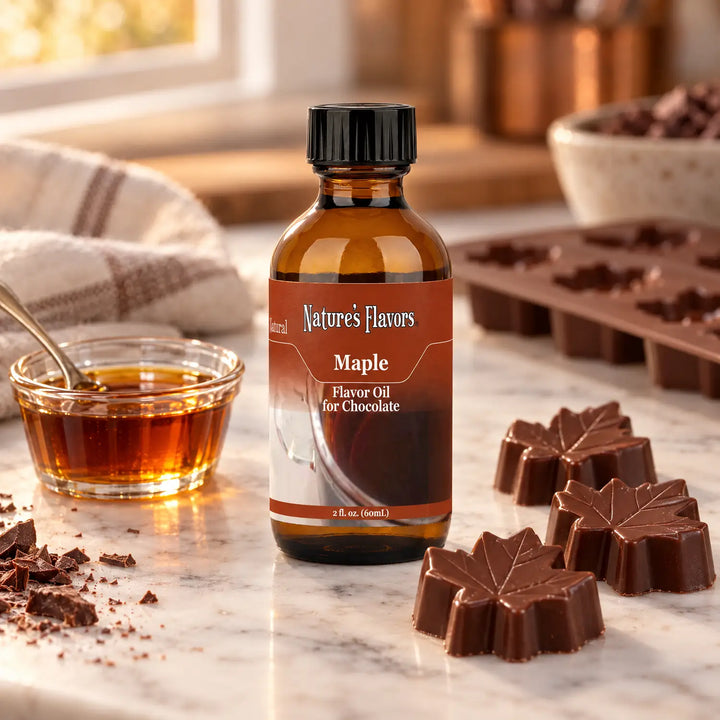Nature's Flavors Maple Flavor Oil for Chocolate bottle beside maple syrup and maple-leaf-shaped chocolates on a marble workbench.