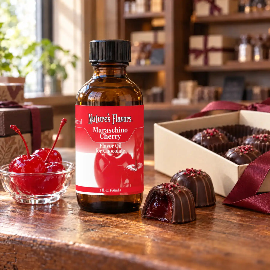 Nature's Flavors Maraschino Cherry Flavor Oil for Chocolate bottle on a wooden chocolate-shop counter beside a dish of maraschino cherries and a gift box of chocolates.