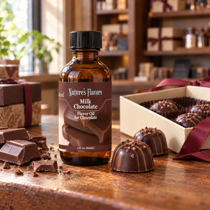 Nature's Flavors Milk Chocolate Flavor Oil for Chocolate bottle on a wooden chocolate-shop counter beside milk chocolate pieces and a gift box of chocolates.