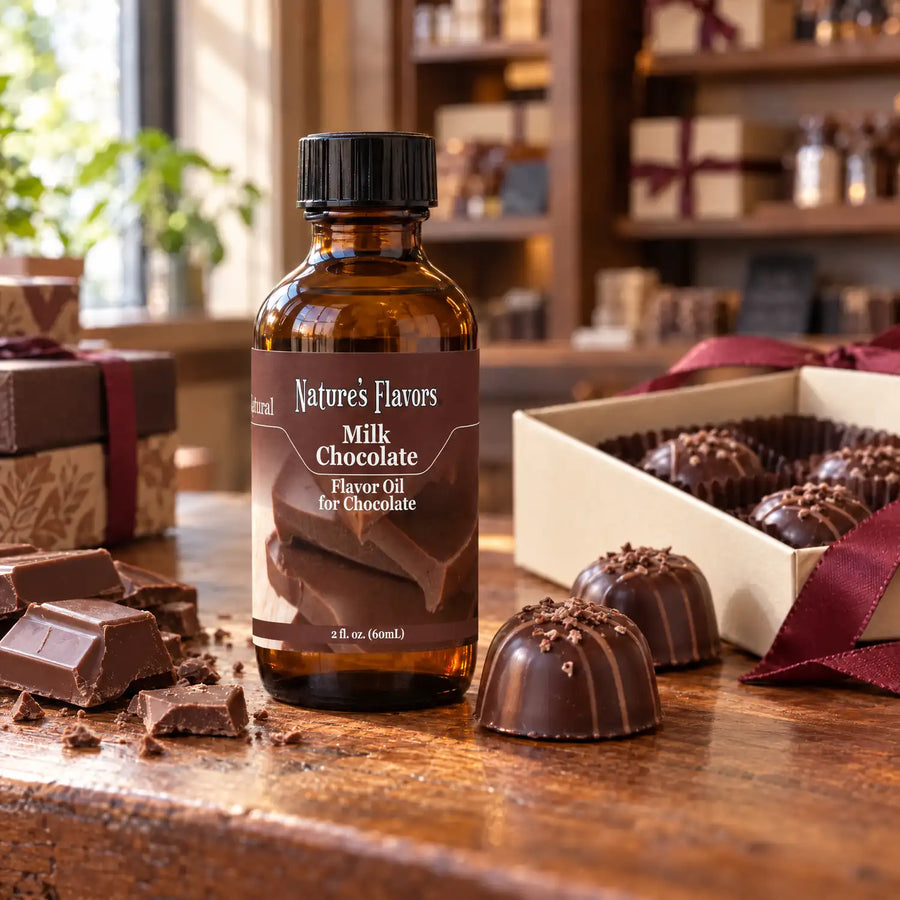Nature's Flavors Milk Chocolate Flavor Oil for Chocolate bottle on a wooden chocolate-shop counter beside milk chocolate pieces and a gift box of chocolates.
