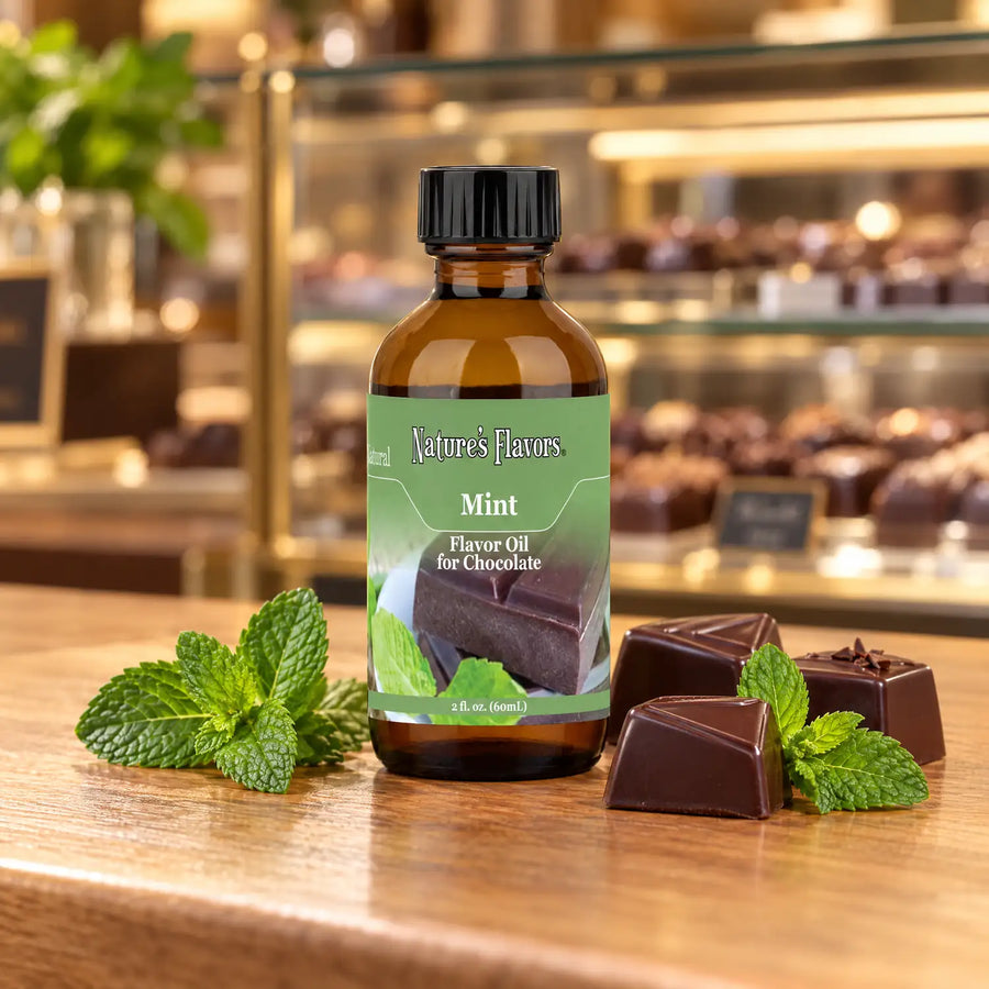 Nature's Flavors Mint Flavor Oil for Chocolate bottle beside fresh mint and chocolate pralines on a chocolate boutique counter.