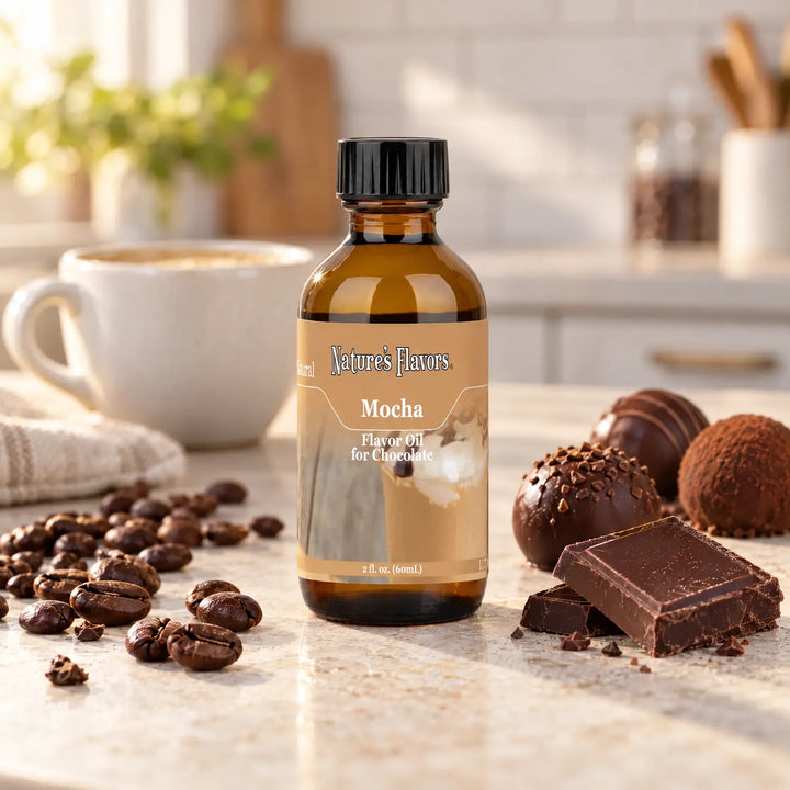 Nature's Flavors Mocha Flavor Oil for Chocolate bottle beside coffee beans, dark chocolate truffles, and a white cup on a kitchen counter.