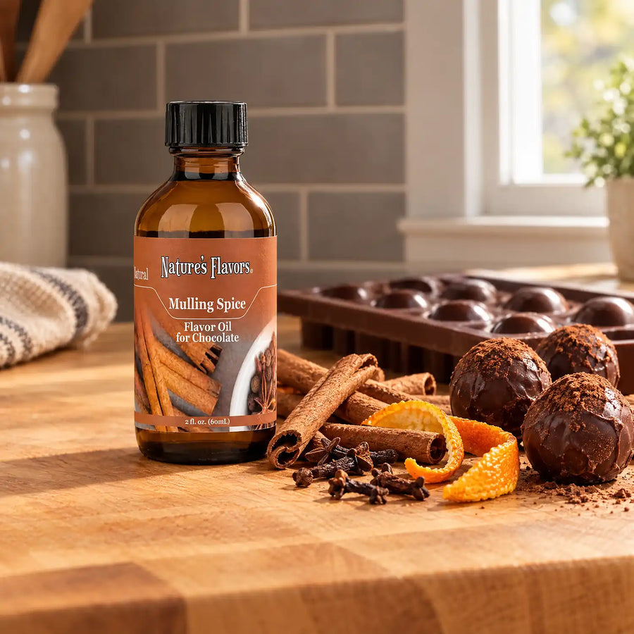 Nature's Flavors Mulling Spice Flavor Oil for Chocolate, 2-ounce bottle, with mulling spices and chocolate truffles in a working kitchen.