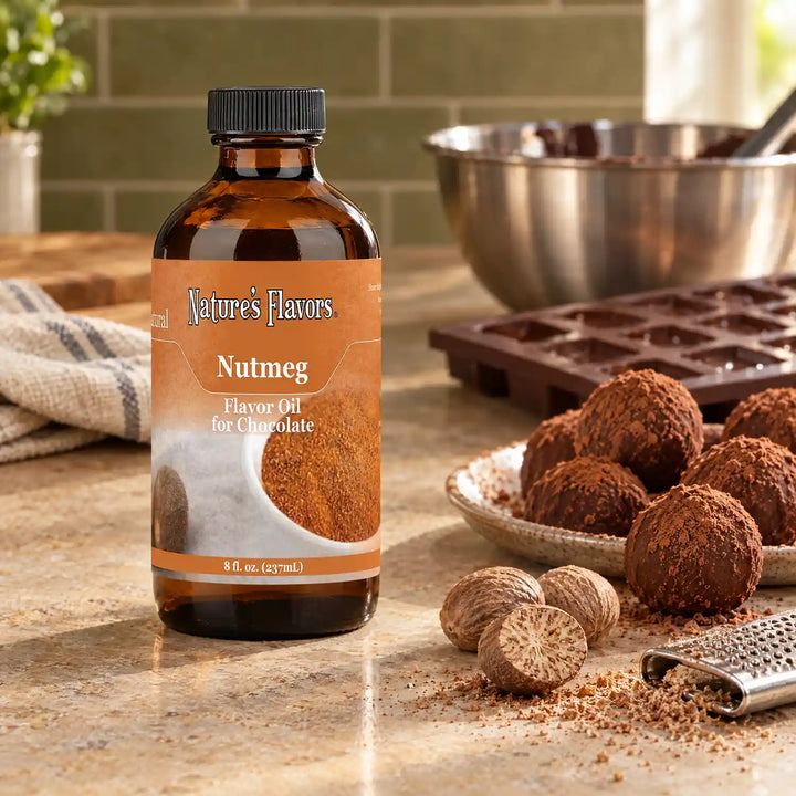 Nature's Flavors Nutmeg Flavor Oil for Chocolate, 8-ounce bottle, with whole nutmeg and cocoa-dusted truffles in a working kitchen.