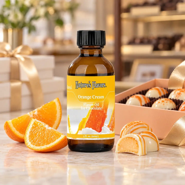Nature's Flavors Orange Cream Flavor Oil for Chocolate bottle beside orange slices and an open gift box of orange-striped chocolates.