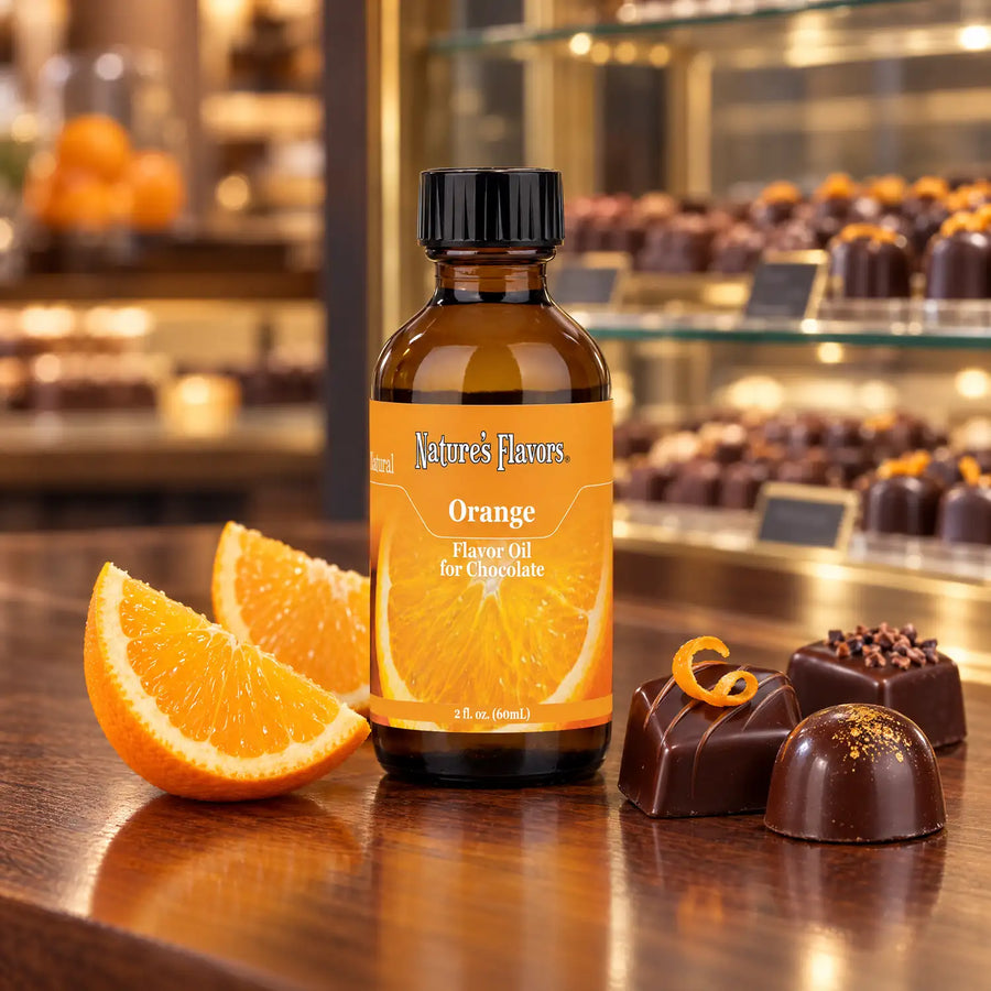 Nature's Flavors Orange Flavor Oil for Chocolate bottle beside orange wedges and chocolate truffles on a chocolate boutique counter.