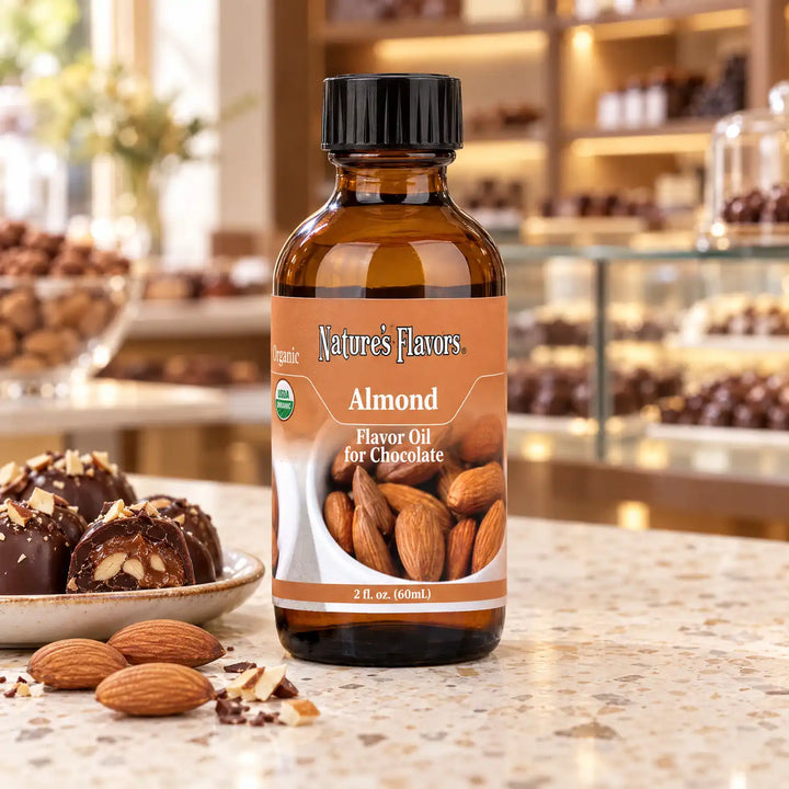 Nature's Flavors Organic Almond Flavor Oil for Chocolate bottle beside whole almonds and chocolate almond clusters in a chocolate shop.