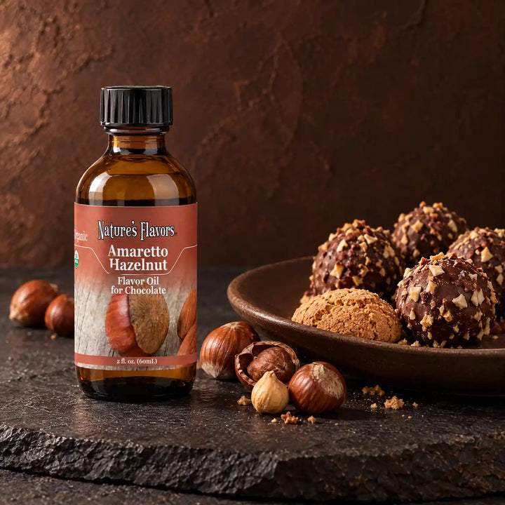 Nature's Flavors Organic Amaretto Hazelnut Flavor Oil For Chocolate, 2-ounce bottle, with hazelnuts, an amaretti biscuit and chocolate truffles on slate.