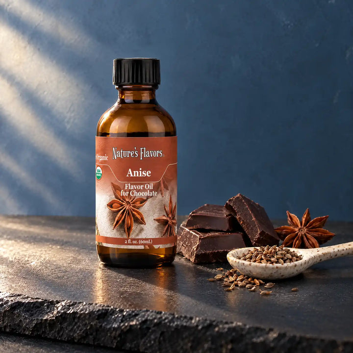 Nature's Flavors Organic Anise Flavor Oil For Chocolate, 2-ounce bottle, with anise seeds and dark chocolate on slate.