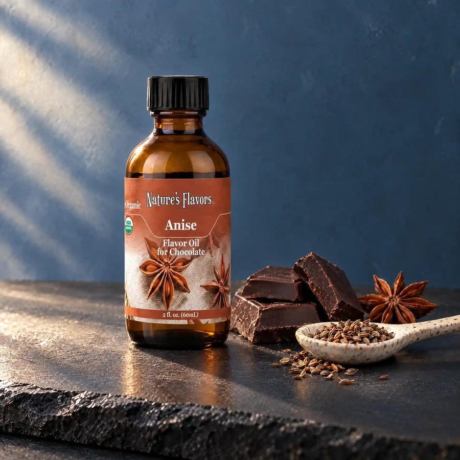 Nature's Flavors Organic Anise Flavor Oil For Chocolate, 2-ounce bottle, with anise seeds and dark chocolate on slate.
