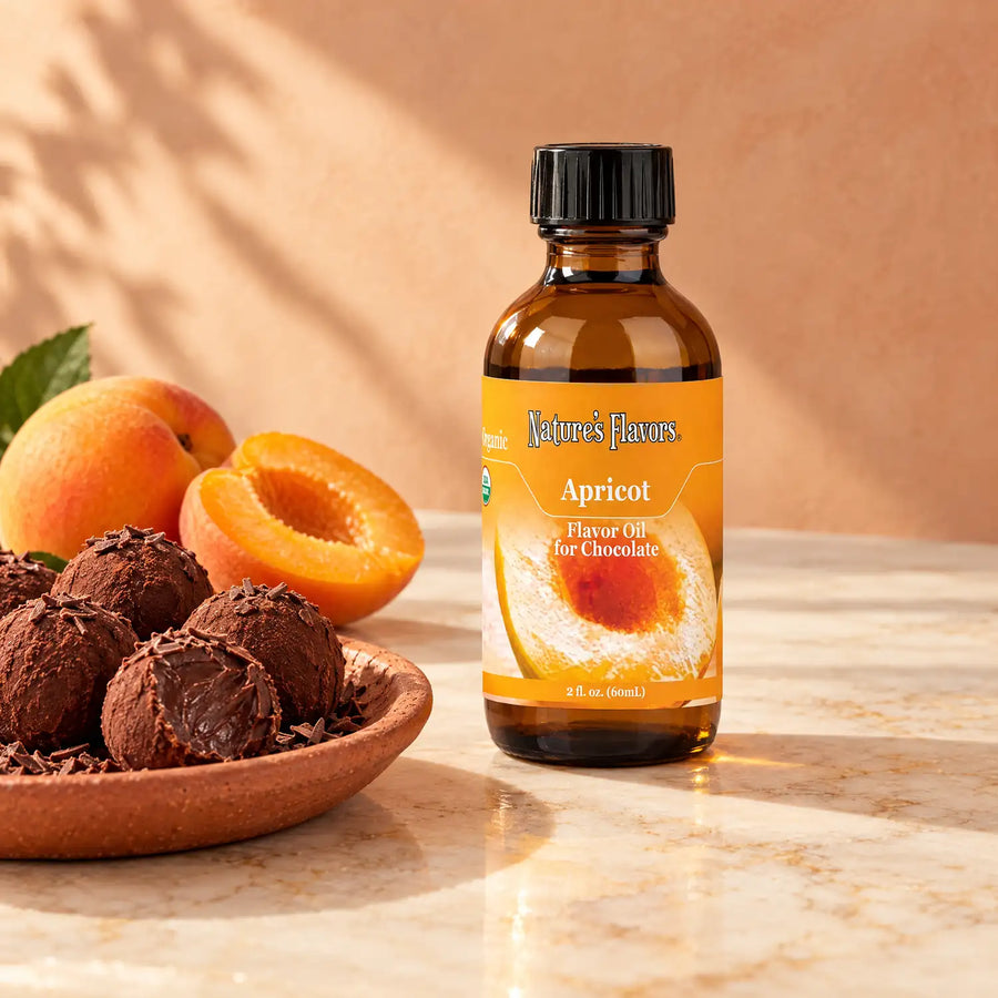 Nature's Flavors Organic Apricot Flavor Oil For Chocolate, 2-ounce bottle, with apricot halves and chocolate truffles on marble.