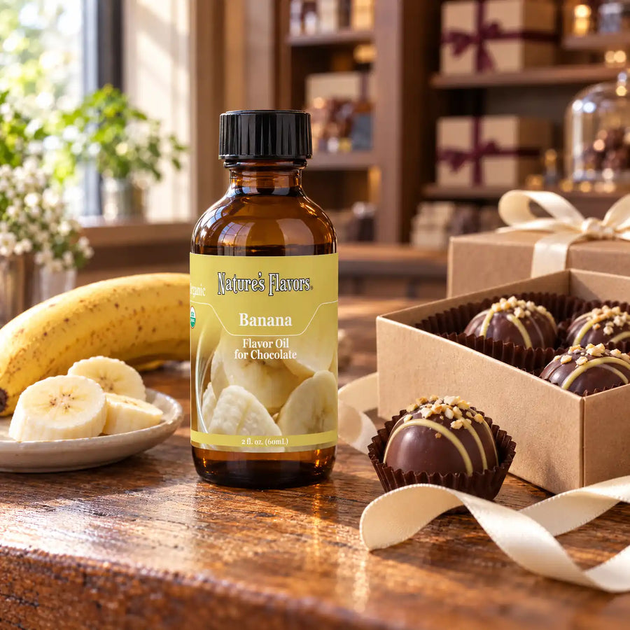Nature's Flavors Organic Banana Flavor Oil for Chocolate bottle on a wooden chocolate-shop counter beside a banana and banana slices and a gift box of chocolates.
