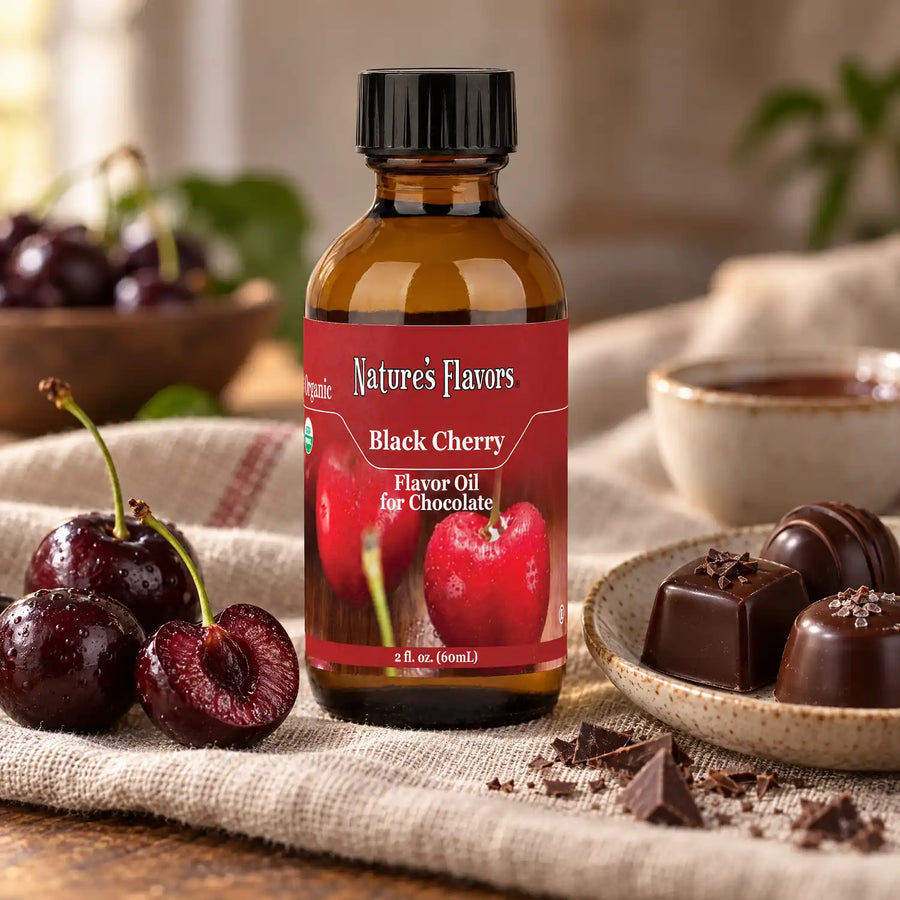 Nature's Flavors Organic Black Cherry Flavor Oil for Chocolate bottle beside dark cherries and chocolate pieces on a dessert tasting table.