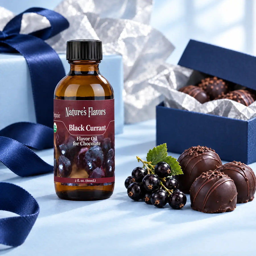 Nature's Flavors Organic Black Currant Flavor Oil For Chocolate, 2-ounce bottle, with black currants and boxed chocolates on a blue gift table.