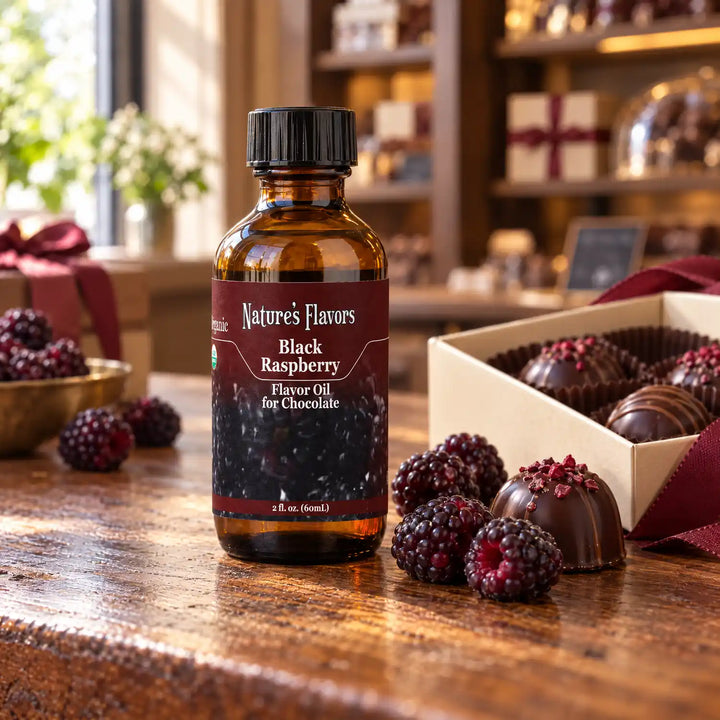 Nature's Flavors Organic Black Raspberry Flavor Oil for Chocolate bottle on a wooden chocolate-shop counter beside fresh black raspberries and a gift box of chocolates.
