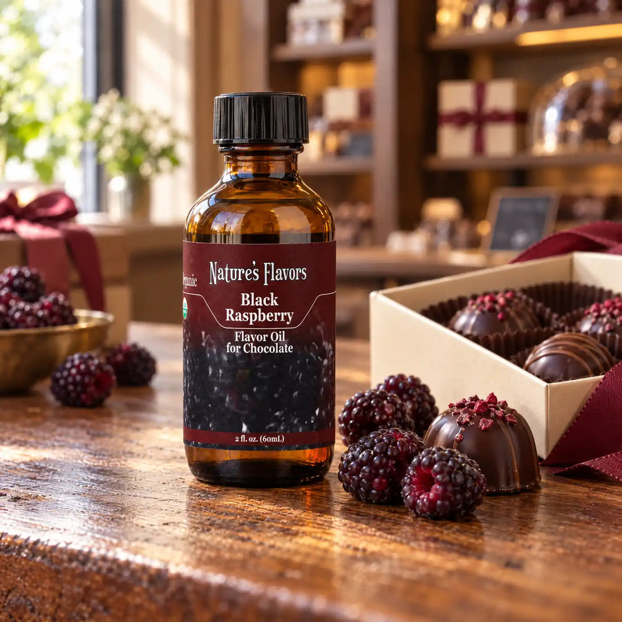 Nature's Flavors Organic Black Raspberry Flavor Oil for Chocolate bottle on a wooden chocolate-shop counter beside fresh black raspberries and a gift box of chocolates.