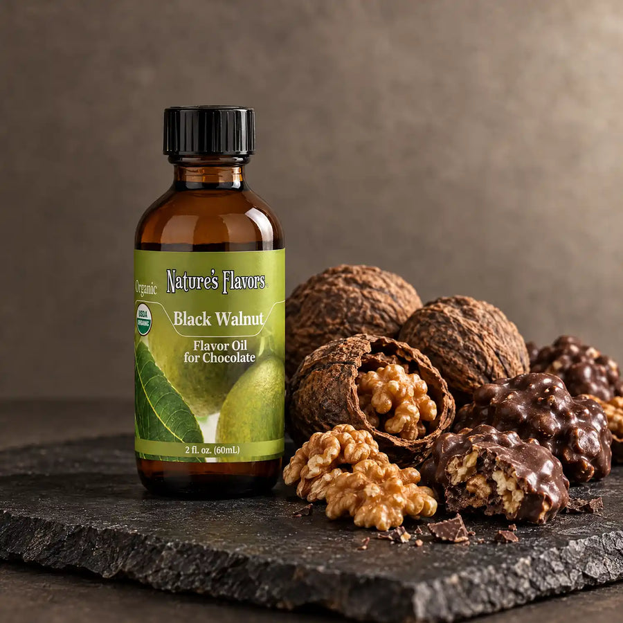 Nature's Flavors Organic Black Walnut Flavor Oil For Chocolate, 2-ounce bottle, with walnuts and chocolate nut clusters on slate.
