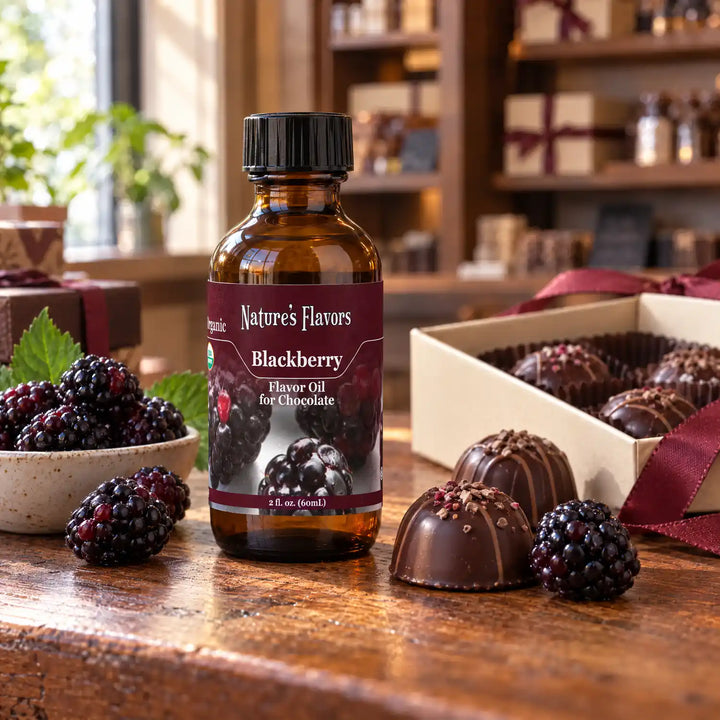 Nature's Flavors Organic Blackberry Flavor Oil for Chocolate bottle on a wooden chocolate-shop counter beside fresh blackberries and a gift box of chocolates.