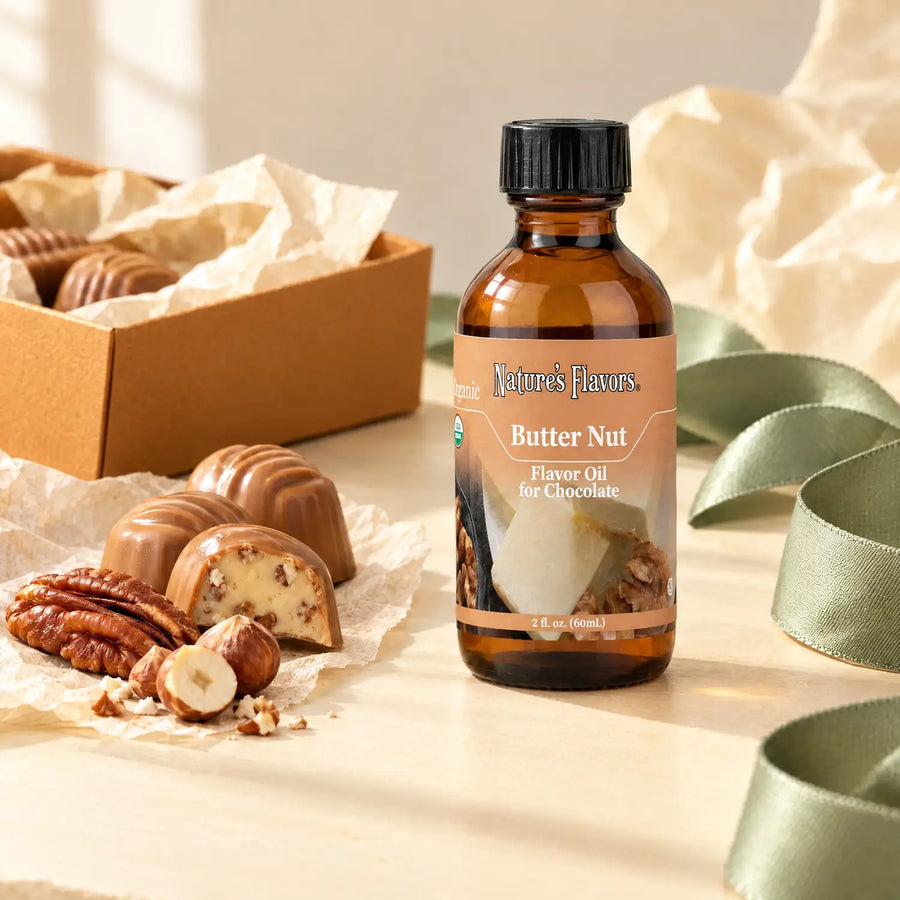 Nature's Flavors Organic Butter Nut Flavor Oil For Chocolate, 2-ounce bottle, with nuts and boxed chocolates on a gift-wrapping table.