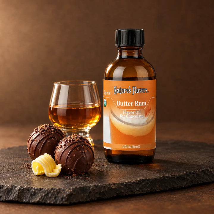 Nature's Flavors Organic Butter Rum Flavor Oil For Chocolate, 2-ounce bottle, with butter, rum and chocolate truffles on slate.