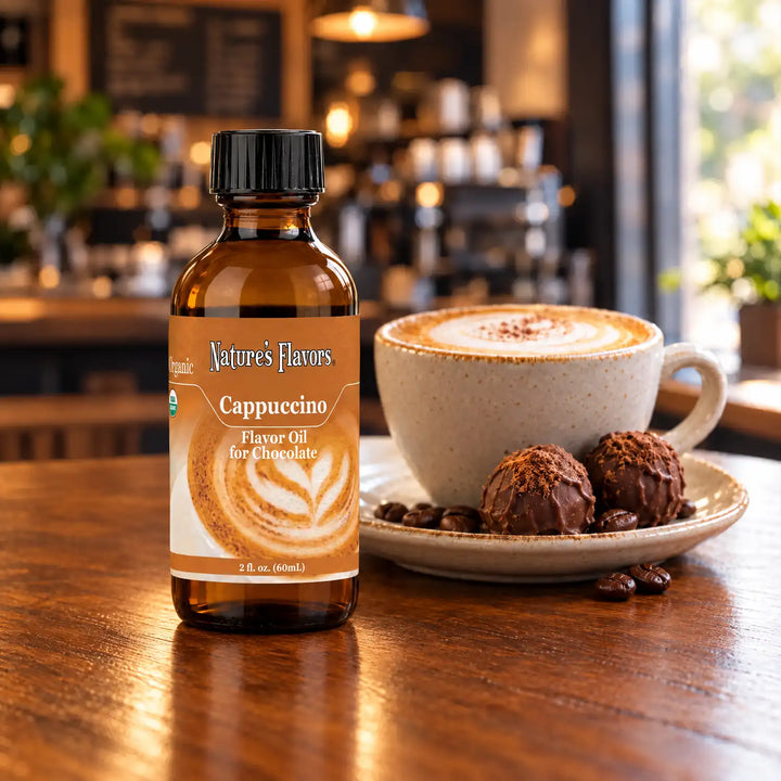 Nature's Flavors Organic Cappuccino Flavor Oil For Chocolate, 2-ounce bottle, with cappuccino, coffee beans and chocolate truffles on a cafe table.