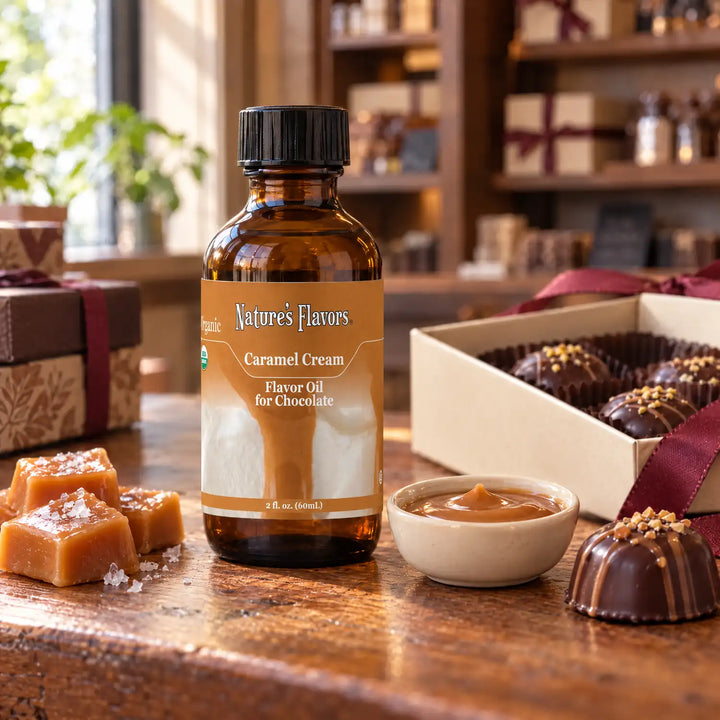 Nature's Flavors Organic Caramel Cream Flavor Oil for Chocolate bottle on a wooden chocolate-shop counter beside caramel sauce and caramel squares and a gift box of chocolates.