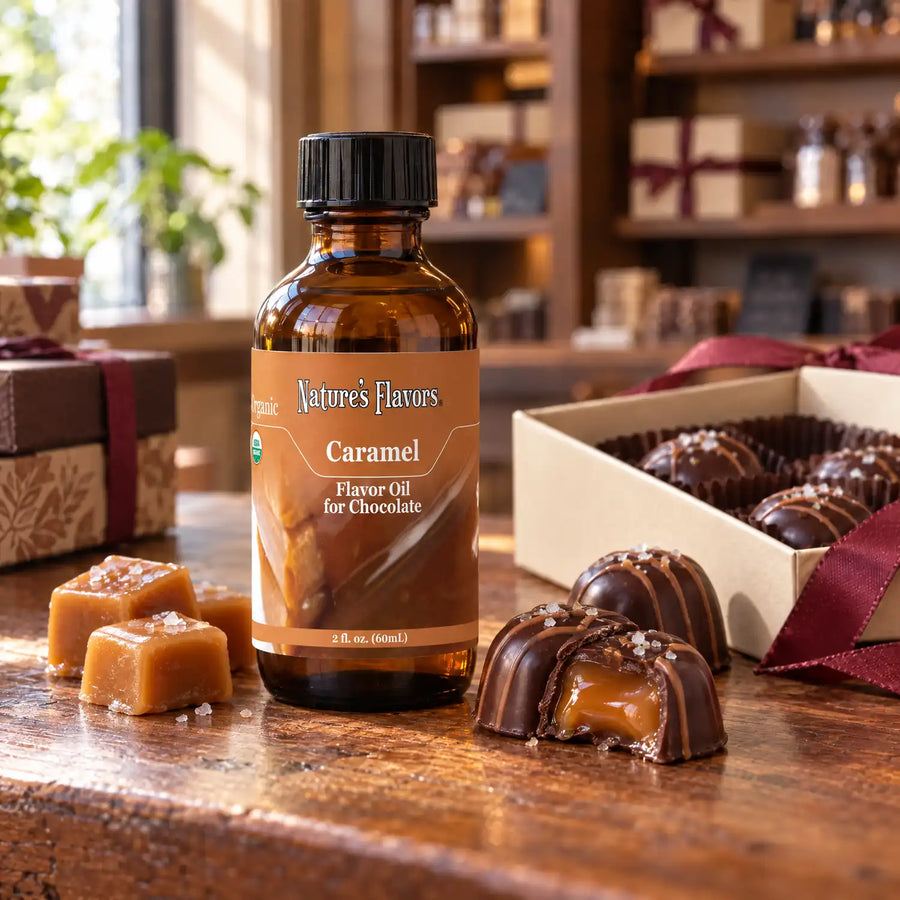 Nature's Flavors Organic Caramel Flavor Oil for Chocolate bottle on a wooden chocolate-shop counter beside soft caramel squares and a gift box of chocolates.