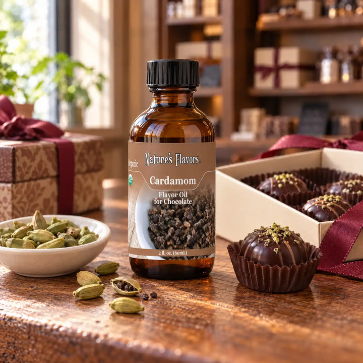 Nature's Flavors Organic Cardamom Flavor Oil for Chocolate bottle on a wooden chocolate-shop counter beside green cardamom pods and a gift box of chocolates.