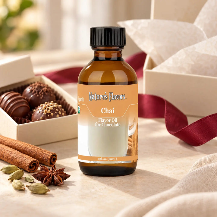 Nature's Flavors Organic Chai Flavor Oil for Chocolate bottle beside cinnamon, star anise, cardamom, and an open chocolate gift box.