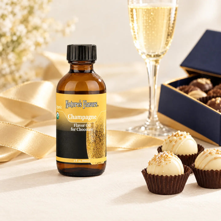 Nature's Flavors Organic Champagne Flavor Oil for Chocolate, 2-ounce bottle, with a champagne flute and boxed chocolates on a gift table.