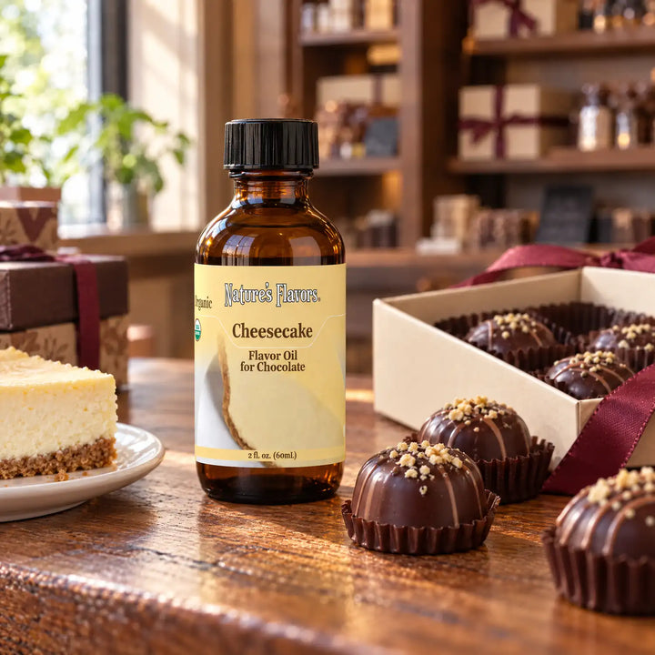 Nature's Flavors Organic Cheesecake Flavor Oil for Chocolate bottle on a wooden chocolate-shop counter beside a slice of cheesecake and a gift box of chocolates.